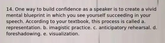 14. One way to build confidence as a speaker is to create a vivid mental blueprint in which you see yourself succeeding in your speech. According to your textbook, this process is called a. representation. b. imagistic practice. c. anticipatory rehearsal. d. foreshadowing. e. visualization.