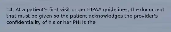 14. At a patient's first visit under HIPAA guidelines, the document that must be given so the patient acknowledges the provider's confidentiality of his or her PHI is the