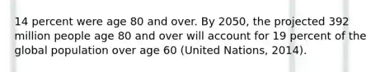 14 percent were age 80 and over. By 2050, the projected 392 million people age 80 and over will account for 19 percent of the global population over age 60 (United Nations, 2014).