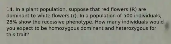 14. In a plant population, suppose that red flowers (R) are dominant to white flowers (r). In a population of 500 individuals, 25% show the recessive phenotype. How many individuals would you expect to be homozygous dominant and heterozygous for this trait?