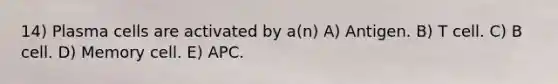 14) Plasma cells are activated by a(n) A) Antigen. B) T cell. C) B cell. D) Memory cell. E) APC.
