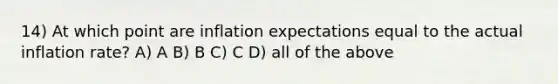 14) At which point are inflation expectations equal to the actual inflation rate? A) A B) B C) C D) all of the above