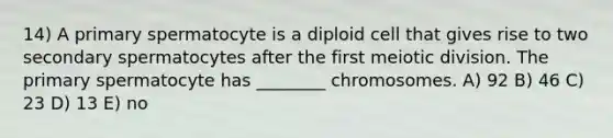 14) A primary spermatocyte is a diploid cell that gives rise to two secondary spermatocytes after the first meiotic division. The primary spermatocyte has ________ chromosomes. A) 92 B) 46 C) 23 D) 13 E) no