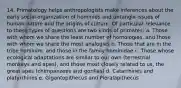 14. Primatology helps anthropologists make inferences about the early social organization of hominids and untangle issues of human nature and the origins of culture. Of particular relevance to these types of questions are two kinds of primates: a. Those with whom we share the least number of homologies, and those with whom we share the most analogies b. Those that are in the tribe hominim, and those in the family hominidae c. Those whose ecological adaptations are similar to our own (terrestrial monkeys and apes), and those most closely related to us, the great apes (chimpanzees and gorillas) d. Catarrhines and platyrrhines e. Gigantopithecus and Pieralapithecus