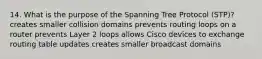 14. What is the purpose of the Spanning Tree Protocol (STP)? creates smaller collision domains prevents routing loops on a router prevents Layer 2 loops allows Cisco devices to exchange routing table updates creates smaller broadcast domains