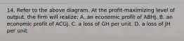 14. Refer to the above diagram. At the profit-maximizing level of output, the firm will realize: A. an economic profit of ABHJ. B. an economic profit of ACGJ. C. a loss of GH per unit. D. a loss of JH per unit.