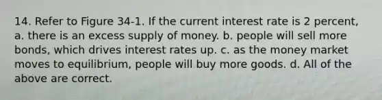 14. Refer to Figure 34-1. If the current interest rate is 2 percent, a. there is an excess supply of money. b. people will sell more bonds, which drives interest rates up. c. as the money market moves to equilibrium, people will buy more goods. d. All of the above are correct.