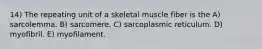 14) The repeating unit of a skeletal muscle fiber is the A) sarcolemma. B) sarcomere. C) sarcoplasmic reticulum. D) myofibril. E) myofilament.