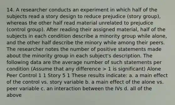 14. A researcher conducts an experiment in which half of the subjects read a story design to reduce prejudice (story group), whereas the other half read material unrelated to prejudice (control group). After reading their assigned material, half of the subjects in each condition describe a minority group while alone, and the other half describe the minory while among their peers. The researcher notes the number of positive statements made about the minority group in each subject's description. The following data are the average number of such statements per condition (Assume that any difference > 1 is significant) Alone Peer Control 1 1 Story 5 1 These results indicate: a. a main effect of the control vs. story variable b. a main effect of the alone vs. peer variable c. an interaction between the IVs d. all of the above