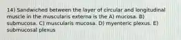 14) Sandwiched between the layer of circular and longitudinal muscle in the muscularis externa is the A) mucosa. B) submucosa. C) muscularis mucosa. D) myenteric plexus. E) submucosal plexus