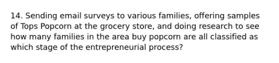 14. Sending email surveys to various families, offering samples of Tops Popcorn at the grocery store, and doing research to see how many families in the area buy popcorn are all classified as which stage of the entrepreneurial process?