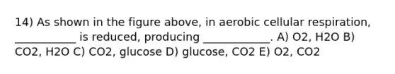 14) As shown in the figure above, in aerobic cellular respiration, ___________ is reduced, producing ____________. A) O2, H2O B) CO2, H2O C) CO2, glucose D) glucose, CO2 E) O2, CO2