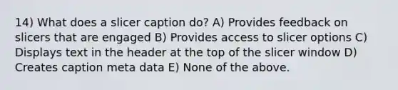 14) What does a slicer caption do? A) Provides feedback on slicers that are engaged B) Provides access to slicer options C) Displays text in the header at the top of the slicer window D) Creates caption meta data E) None of the above.