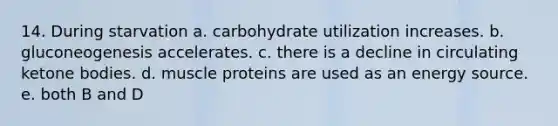 14. During starvation a. carbohydrate utilization increases. b. gluconeogenesis accelerates. c. there is a decline in circulating ketone bodies. d. muscle proteins are used as an energy source. e. both B and D