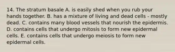 14. The stratum basale A. is easily shed when you rub your hands together. B. has a mixture of living and dead cells - mostly dead. C. contains many blood vessels that nourish <a href='https://www.questionai.com/knowledge/kBFgQMpq6s-the-epidermis' class='anchor-knowledge'>the epidermis</a>. D. contains cells that undergo mitosis to form new epidermal cells. E. contains cells that undergo meiosis to form new epidermal cells.