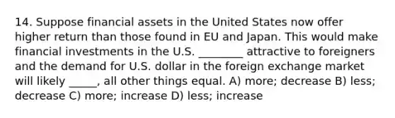 14. Suppose financial assets in the United States now offer higher return than those found in EU and Japan. This would make financial investments in the U.S. ________ attractive to foreigners and the demand for U.S. dollar in the foreign exchange market will likely _____, all other things equal. A) more; decrease B) less; decrease C) more; increase D) less; increase