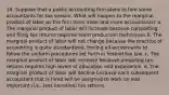 14. Suppose that a public accounting firm plans to hire some accountants for tax season. What will happen to the marginal product of labor as the firm hires more and more accountants? a. The marginal product of labor will increase because completing and filing tax returns requires team production techniques.b. The marginal product of labor will not change because the practice of accounting is quite standardized, forcing all accountants to follow the uniform procedures set forth in federal tax law. c. The marginal product of labor will increase because preparing tax returns requires high levels of education and experience. d. The marginal product of labor will decline because each subsequent accountant that is hired will be assigned to work on less important (i.e., less lucrative) tax returns.