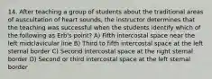 14. After teaching a group of students about the traditional areas of auscultation of heart sounds, the instructor determines that the teaching was successful when the students identify which of the following as Erb's point? A) Fifth intercostal space near the left midclavicular line B) Third to fifth intercostal space at the left sternal border C) Second intercostal space at the right sternal border D) Second or third intercostal space at the left sternal border