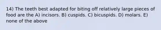 14) The teeth best adapted for biting off relatively large pieces of food are the A) incisors. B) cuspids. C) bicuspids. D) molars. E) none of the above