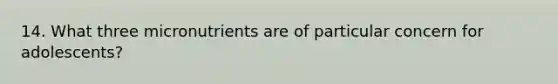 14. What three micronutrients are of particular concern for adolescents?