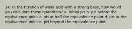 14: In the titration of weak acid with a strong base, how would you calculate these quantities? a. initial pH b. pH before the equivalence point c. pH at half the equivalence point d. pH at the equivalence point e. pH beyond the equivalence point