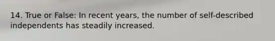14. True or False: In recent years, the number of self-described independents has steadily increased.