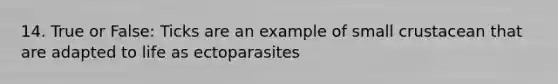 14. True or False: Ticks are an example of small crustacean that are adapted to life as ectoparasites