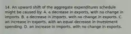 14. An upward shift of the aggregate expenditures schedule might be caused by: A. a decrease in exports, with no change in imports. B. a decrease in imports, with no change in exports. C. an increase in exports, with an equal decrease in investment spending. D. an increase in imports, with no change in exports.