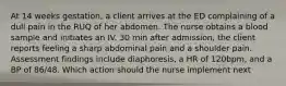 At 14 weeks gestation, a client arrives at the ED complaining of a dull pain in the RUQ of her abdomen. The nurse obtains a blood sample and initiates an IV. 30 min after admission, the client reports feeling a sharp abdominal pain and a shoulder pain. Assessment findings include diaphoresis, a HR of 120bpm, and a BP of 86/48. Which action should the nurse implement next