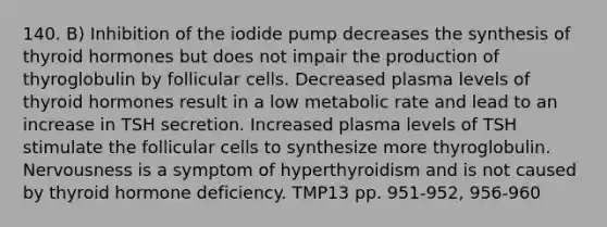 140. B) Inhibition of the iodide pump decreases the synthesis of thyroid hormones but does not impair the production of thyroglobulin by follicular cells. Decreased plasma levels of thyroid hormones result in a low metabolic rate and lead to an increase in TSH secretion. Increased plasma levels of TSH stimulate the follicular cells to synthesize more thyroglobulin. Nervousness is a symptom of hyperthyroidism and is not caused by thyroid hormone deficiency. TMP13 pp. 951-952, 956-960