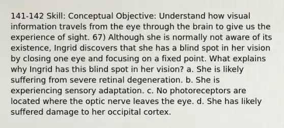 141-142 Skill: Conceptual Objective: Understand how visual information travels from the eye through the brain to give us the experience of sight. 67) Although she is normally not aware of its existence, Ingrid discovers that she has a blind spot in her vision by closing one eye and focusing on a fixed point. What explains why Ingrid has this blind spot in her vision? a. She is likely suffering from severe retinal degeneration. b. She is experiencing sensory adaptation. c. No photoreceptors are located where the optic nerve leaves the eye. d. She has likely suffered damage to her occipital cortex.