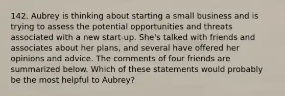 142. Aubrey is thinking about starting a small business and is trying to assess the potential opportunities and threats associated with a new start-up. She's talked with friends and associates about her plans, and several have offered her opinions and advice. The comments of four friends are summarized below. Which of these statements would probably be the most helpful to Aubrey?