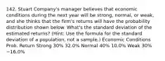 142. Stuart Company's manager believes that economic conditions during the next year will be strong, normal, or weak, and she thinks that the firm's returns will have the probability distribution shown below. What's the standard deviation of the estimated returns? (Hint: Use the formula for the standard deviation of a population, not a sample.) Economic Conditions Prob. Return Strong 30% 32.0% Normal 40% 10.0% Weak 30%−16.0%