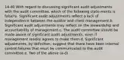 14-40 With regard to discussing significant audit adjustments with the audit committee, which of the following state-ments is false?a. Significant audit adjustments reflect a lack of independence between the auditor and client management.b. Significant audit adjustments may reflect on the stewardship and accountability of management.c. The audit committee should be made aware of significant audit adjustments, even if management readily agrees to make them.d. Significant adjustments, by definition, suggest that there have been internal control failures that must be communicated to the audit committee.e. Two of the above (a-d).