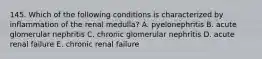 145. Which of the following conditions is characterized by inflammation of the renal medulla? A. pyelonephritis B. acute glomerular nephritis C. chronic glomerular nephritis D. acute renal failure E. chronic renal failure