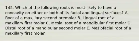 145. Which of the following roots is most likely to have a concavity on either or both of its facial and lingual surfaces? A. Root of a maxillary second premolar B. Lingual root of a maxillary first molar C. Mesial root of a mandibular first molar D. Distal root of a mandibular second molar E. Mesiofacial root of a maxillary first molar