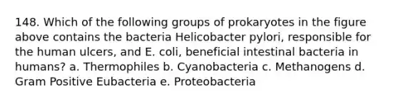 148. Which of the following groups of prokaryotes in the figure above contains the bacteria Helicobacter pylori, responsible for the human ulcers, and E. coli, beneficial intestinal bacteria in humans? a. Thermophiles b. Cyanobacteria c. Methanogens d. Gram Positive Eubacteria e. Proteobacteria