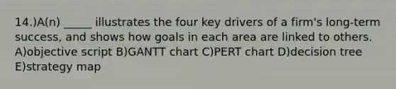 14.)A(n) _____ illustrates the four key drivers of a firm's long-term success, and shows how goals in each area are linked to others. A)objective script B)GANTT chart C)PERT chart D)decision tree E)strategy map