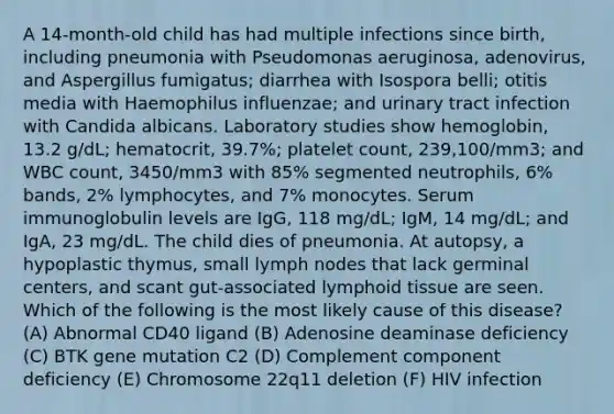 A 14-month-old child has had multiple infections since birth, including pneumonia with Pseudomonas aeruginosa, adenovirus, and Aspergillus fumigatus; diarrhea with Isospora belli; otitis media with Haemophilus influenzae; and urinary tract infection with Candida albicans. Laboratory studies show hemoglobin, 13.2 g/dL; hematocrit, 39.7%; platelet count, 239,100/mm3; and WBC count, 3450/mm3 with 85% segmented neutrophils, 6% bands, 2% lymphocytes, and 7% monocytes. Serum immunoglobulin levels are IgG, 118 mg/dL; IgM, 14 mg/dL; and IgA, 23 mg/dL. The child dies of pneumonia. At autopsy, a hypoplastic thymus, small lymph nodes that lack germinal centers, and scant gut-associated lymphoid tissue are seen. Which of the following is the most likely cause of this disease? (A) Abnormal CD40 ligand (B) Adenosine deaminase deficiency (C) BTK gene mutation C2 (D) Complement component deficiency (E) Chromosome 22q11 deletion (F) HIV infection