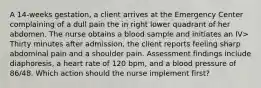 A 14-weeks gestation, a client arrives at the Emergency Center complaining of a dull pain the in right lower quadrant of her abdomen. The nurse obtains a blood sample and initiates an IV> Thirty minutes after admission, the client reports feeling sharp abdominal pain and a shoulder pain. Assessment findings include diaphoresis, a heart rate of 120 bpm, and a blood pressure of 86/48. Which action should the nurse implement first?