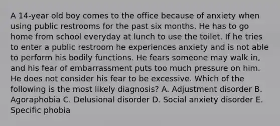 A 14-year old boy comes to the office because of anxiety when using public restrooms for the past six months. He has to go home from school everyday at lunch to use the toilet. If he tries to enter a public restroom he experiences anxiety and is not able to perform his bodily functions. He fears someone may walk in, and his fear of embarrassment puts too much pressure on him. He does not consider his fear to be excessive. Which of the following is the most likely diagnosis? A. Adjustment disorder B. Agoraphobia C. Delusional disorder D. Social anxiety disorder E. Specific phobia