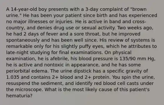 A 14-year-old boy presents with a 3-day complaint of "brown urine." He has been your patient since birth and has experienced no major illnesses or injuries. He is active in band and cross-country, and denies drug use or sexual activity. Two weeks ago, he had 2 days of fever and a sore throat, but he improved spontaneously and has been well since. His review of systems is remarkable only for his slightly puffy eyes, which he attributes to late-night studying for final examinations. On physical examination, he is afebrile, his blood pressure is 135/90 mm Hg, he is active and nontoxic in appearance, and he has some periorbital edema. The urine dipstick has a specific gravity of 1.035 and contains 2+ blood and 2+ protein. You spin the urine, resuspend the sediment, and identify red blood cell casts under the microscope. What is the most likely cause of this patient's hematuria?