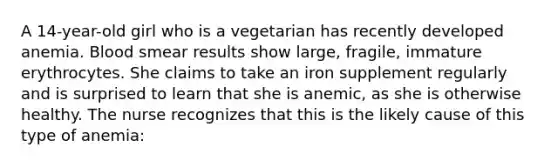 A 14-year-old girl who is a vegetarian has recently developed anemia. Blood smear results show large, fragile, immature erythrocytes. She claims to take an iron supplement regularly and is surprised to learn that she is anemic, as she is otherwise healthy. The nurse recognizes that this is the likely cause of this type of anemia: