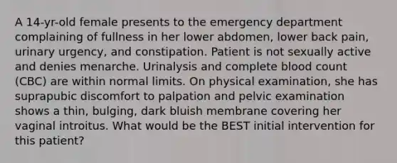 A 14-yr-old female presents to the emergency department complaining of fullness in her lower abdomen, lower back pain, urinary urgency, and constipation. Patient is not sexually active and denies menarche. Urinalysis and complete blood count (CBC) are within normal limits. On physical examination, she has suprapubic discomfort to palpation and pelvic examination shows a thin, bulging, dark bluish membrane covering her vaginal introitus. What would be the BEST initial intervention for this patient?