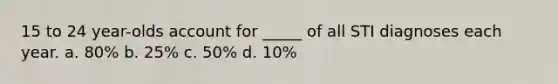 15 to 24 year-olds account for _____ of all STI diagnoses each year. a. 80% b. 25% c. 50% d. 10%