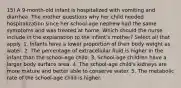 15) A 9-month-old infant is hospitalized with vomiting and diarrhea. The mother questions why her child needed hospitalization since her school-age nephew had the same symptoms and was treated at home. Which should the nurse include in the explanation to the infant's mother? Select all that apply. 1. Infants have a lower proportion of their body weight as water. 2. The percentage of extracellular fluid is higher in the infant than the school-age child. 3. School-age children have a larger body surface area. 4. The school-age child's kidneys are more mature and better able to conserve water. 5. The metabolic rate of the school-age child is higher.