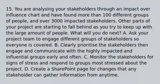 15. You are analysing your stakeholders through an impact over influence chart and have found more than 100 different groups of people, and over 3000 impacted stakeholders. Other parts of your project are starting to fall behind as you try to keep up with the large amount of people. What will you do next? A. Ask your project team to engage different groups of stakeholders so everyone is covered. B. Clearly prioritise the stakeholders then engage and communicate with the highly impacted and influential groups early and often. C. Monitor the stakeholders for signs of stress and respond to groups most stressed about the project. D. Create a SharePoint page for changes that any stakeholder can gather information from anytime.