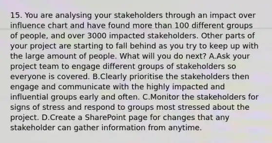 15. You are analysing your stakeholders through an impact over influence chart and have found <a href='https://www.questionai.com/knowledge/keWHlEPx42-more-than' class='anchor-knowledge'>more than</a> 100 different groups of people, and over 3000 impacted stakeholders. Other parts of your project are starting to fall behind as you try to keep up with the large amount of people. What will you do next? A.Ask your project team to engage different groups of stakeholders so everyone is covered. B.Clearly prioritise the stakeholders then engage and communicate with the highly impacted and influential groups early and often. C.Monitor the stakeholders for signs of stress and respond to groups most stressed about the project. D.Create a SharePoint page for changes that any stakeholder can gather information from anytime.