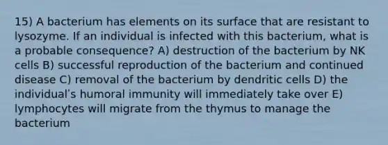 15) A bacterium has elements on its surface that are resistant to lysozyme. If an individual is infected with this bacterium, what is a probable consequence? A) destruction of the bacterium by NK cells B) successful reproduction of the bacterium and continued disease C) removal of the bacterium by dendritic cells D) the individualʹs humoral immunity will immediately take over E) lymphocytes will migrate from the thymus to manage the bacterium