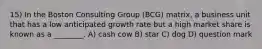 15) In the Boston Consulting Group (BCG) matrix, a business unit that has a low anticipated growth rate but a high market share is known as a ________. A) cash cow B) star C) dog D) question mark